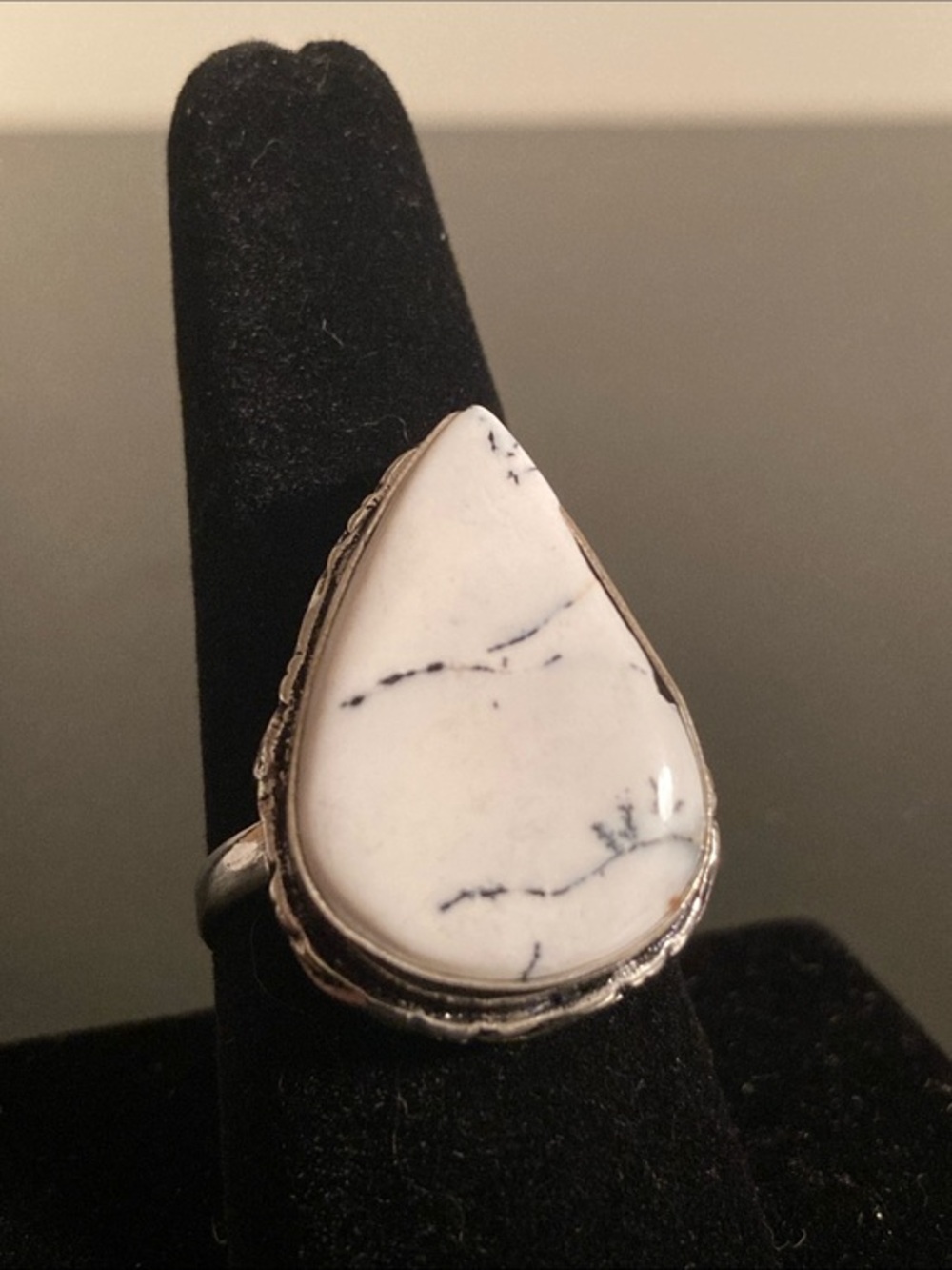 White Teardrop Stone Ring with Silver Setting - Women Jewelry size 9
